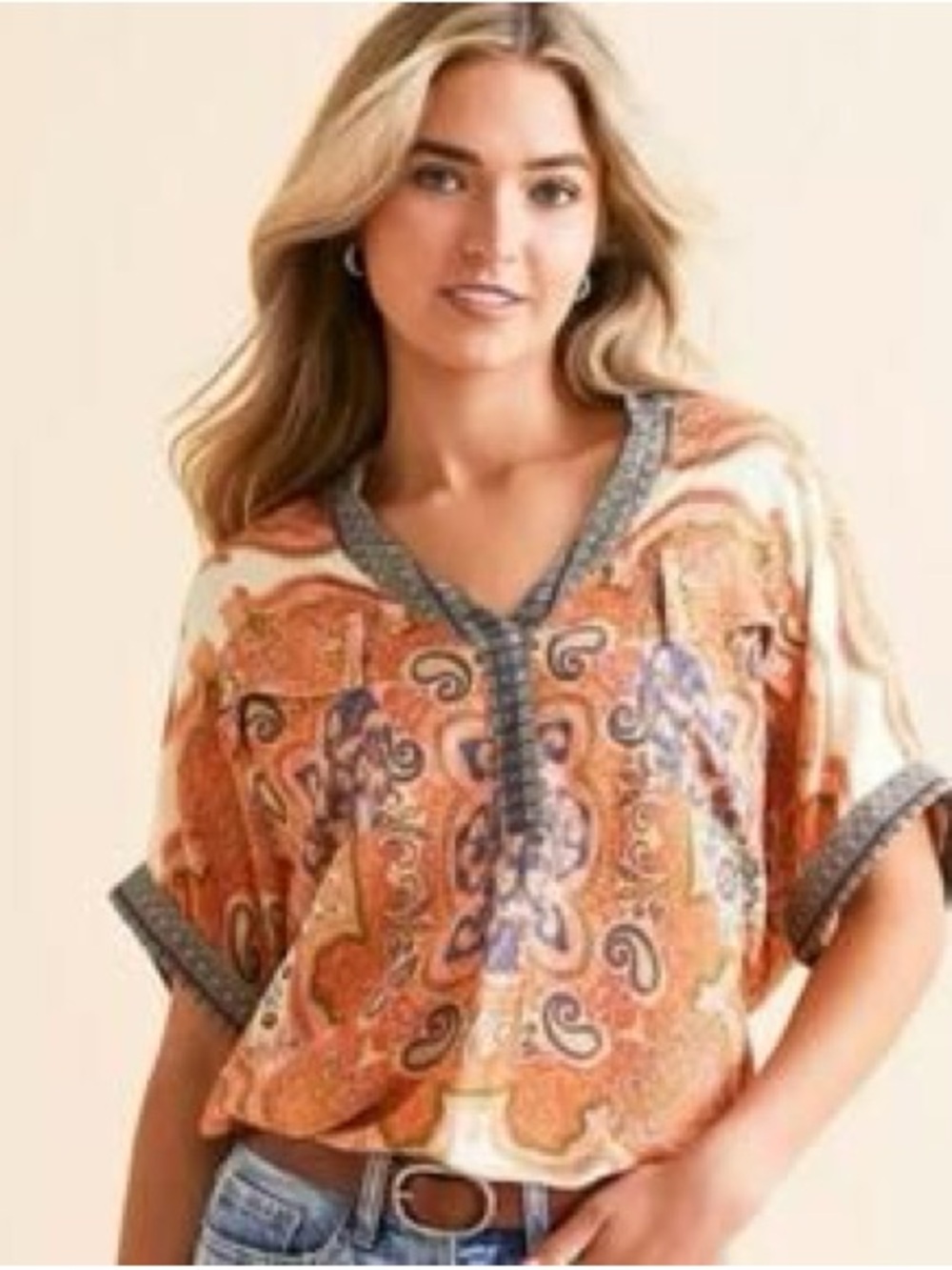 Daytrip Western Boho Paisley Print Rayon Blouse Roll Tab Sleeve V-Neck SzM